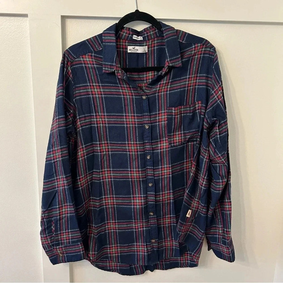 Hollister Tops - Hollister Boyfriend Fit Blue Red Green Plaid Flannel Button Down Shirt Sz L